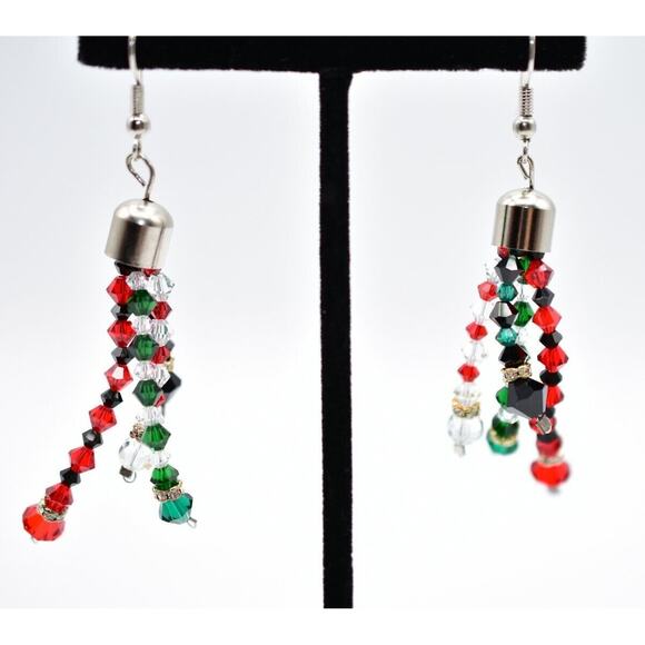 Vintage Crystal Beaded Earrings Christmas Holiday Shiny Dangle Red Green Bin7 - Picture 1 of 11